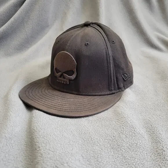 HARLEY DAVIDSON Hat Cap New Era Fitted Brown Distressed Skull Embroidered Fair - Picture 2 of 13